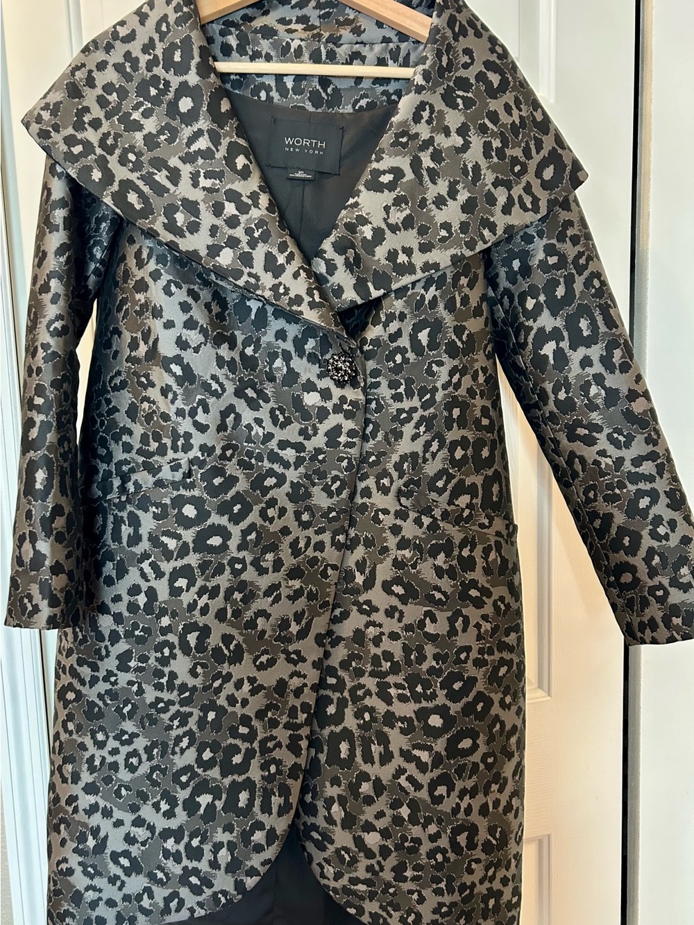 Worth Leopard-Print Overcoat with Shawl Collar in Black and Gray